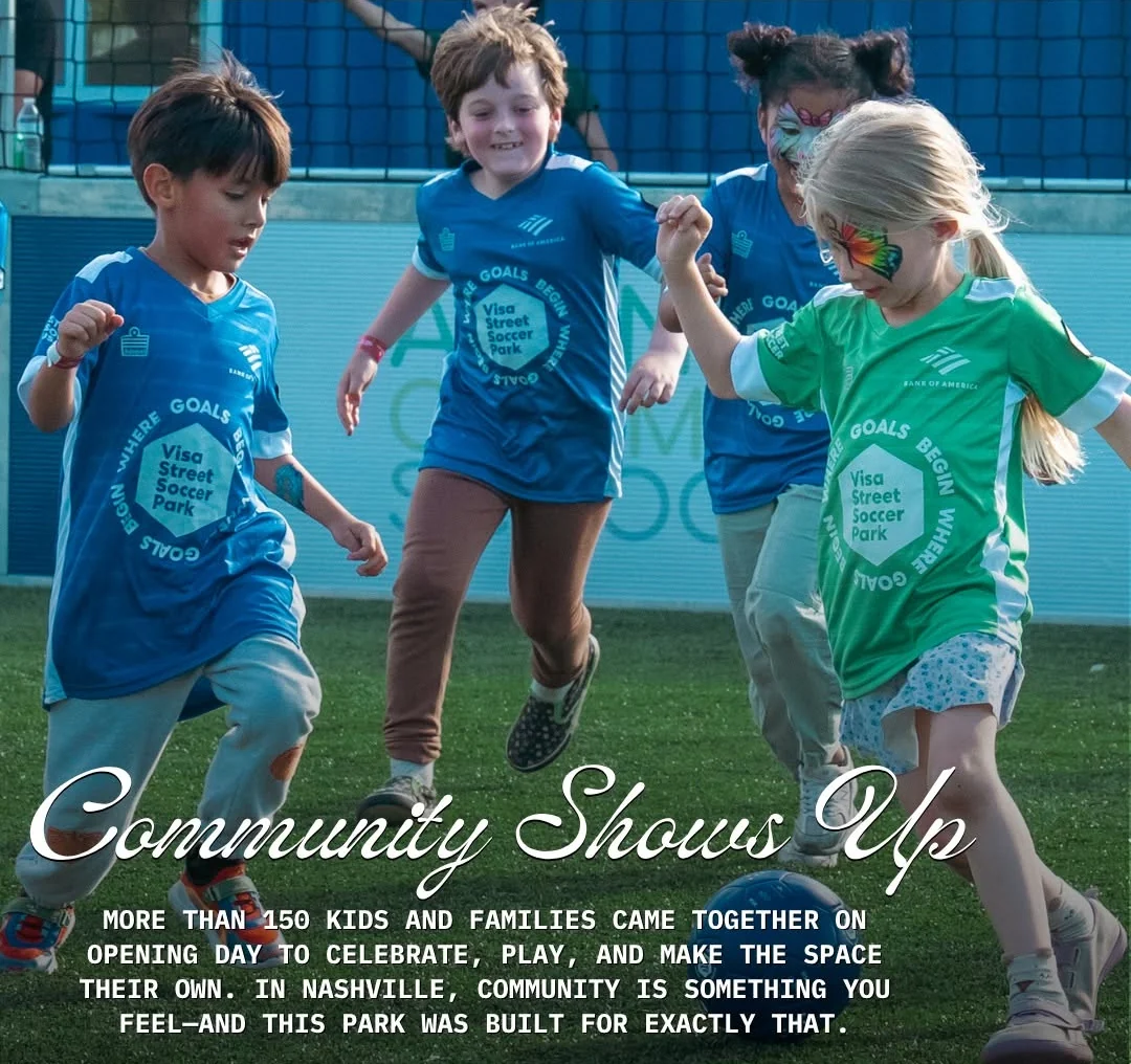 Children playing together in blue and green Street Soccer USA kits